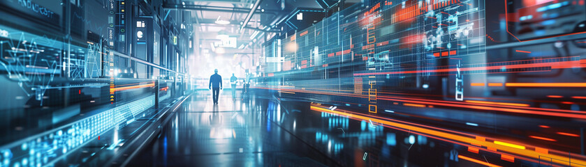 Futuristic factory with digital twin graphics, engineers and workers, hightech manufacturing, perfect for creative ads