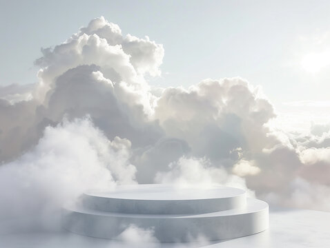 Dreamy product pedestal with clouds and fog, minimal display, summer paradise, perfect for beauty products, ethereal feel