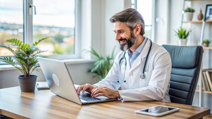 Fototapeta premium Health Tech Professional with Telemedicine Software: A health tech professional using telemedicine software, representing advancements in healthcare technology. 