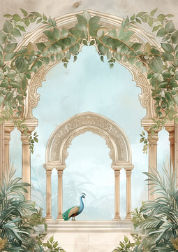 Beautiful illustration of Peacock with ornaments archway, wedding invitation background, wedding backdrops, indian wedding