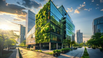 Green architecture. Eco friendly building with green plant and blue sky