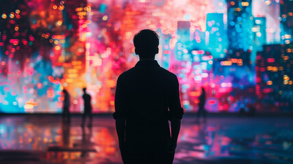 Silhouette of a creative professional, artsy neon lights of downtown, vibrant city, merging business and creativity, perfect for ads