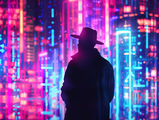 Professional silhouette against artsy neon lights, downtown, representing business creativity, vibrant city setting, ideal for advertising