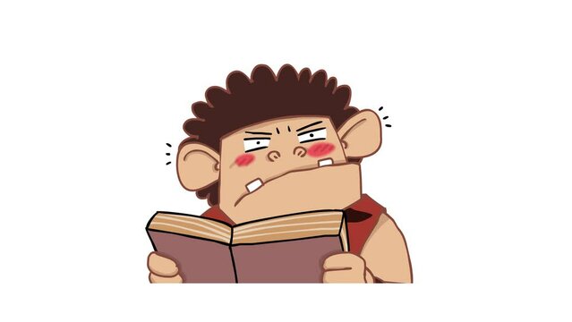 Animated Caveman Reading a Book - White Background