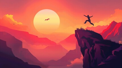 A person jumping up and down the mountain at sunrise, shouting for national independence, graphic scenery