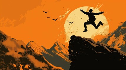 Obraz premium A person jumping up and down the mountain at sunrise, shouting for national independence, graphic scenery