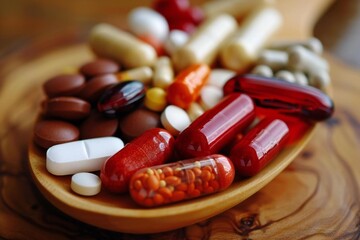 Various types of supplements sitting on a wooden spoon with a vibrant background.