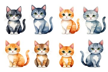 Fototapeta premium Set of cute cats, cartoon style, isolated illustration on a white background
