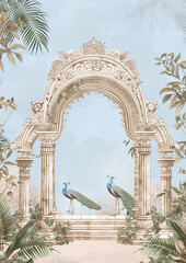 Beautiful illustration of Peacock with ornaments archway, wedding invitation background, wedding backdrops, indian wedding