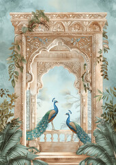 Beautiful illustration of Peacock with ornaments archway, wedding invitation background, wedding backdrops, indian wedding