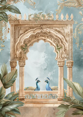 Beautiful illustration of Peacock with ornaments archway, wedding invitation background, wedding backdrops, indian wedding