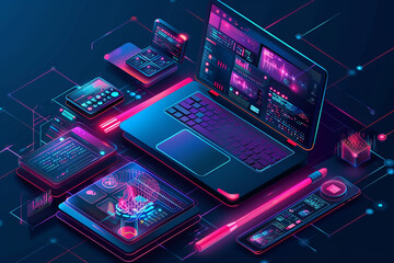 Web design isometric concept Website development of all platforms Optimization layout website on laptop, phone, tablet Creation layout responsive Internet page 