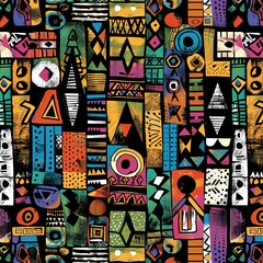 A seamless pattern with a digital illustration of African tribal motifs