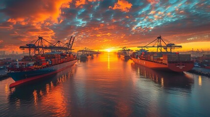 Obraz premium Busy Shipping Port at Sunset