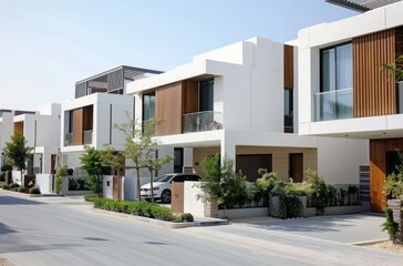 A front view of modern townhouses, all white with wooden accents, on the street side