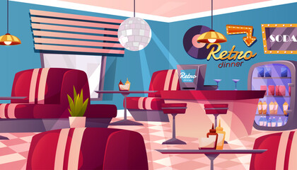 American Retro restaurant, diner interior with bar counter. Fast food retro cafe. Panoramic view of eatery. Empty restaurant with vintage decor.