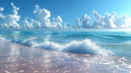 Pristine white sand beach on a sunny day, clear turquoise water sparkles under the sunlight