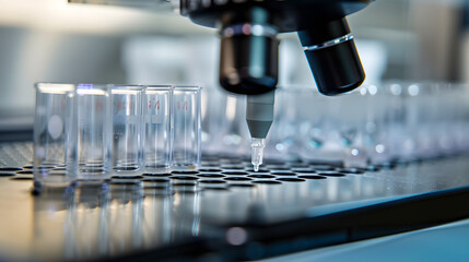 Scientific samples in microplate being prepared for research in laboratory