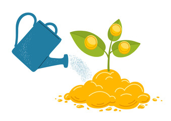 Growing money tree. Watering can pours water on a young plant with coins growth from golden soil. Investment concept.