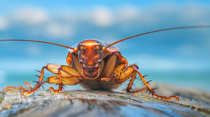 Closeup cockroach portrait on the wood against blue sky