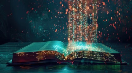 Glowing neon numbers flow from an open book into a digital tablet, merging traditional knowledge with big data. Big data visualization