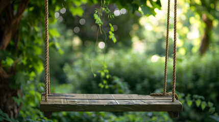 Closeup cozy wooden swing hanged with rope in the countryside house garden backyard - Powered by Adobe