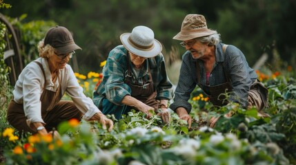Group of senior people preparing garden space together on green rooftop garden. Sustainable living and urban agriculture. Generative ai