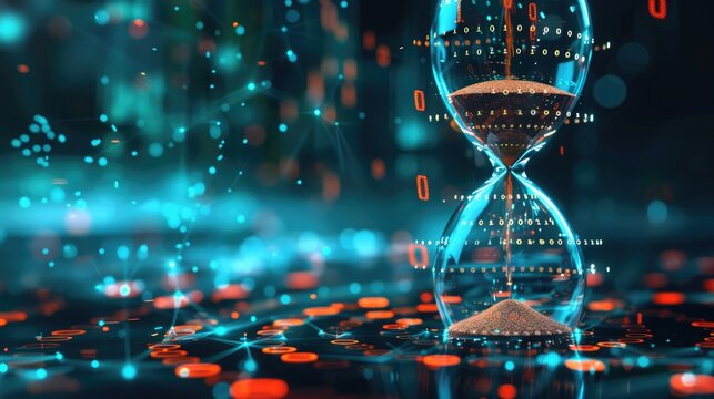 Digital hourglass where falling sand becomes binary code, depicting the ephemeral nature of time in the big data era. Big data visualization