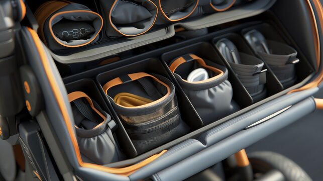 A 3D render of a baby stroller organizer