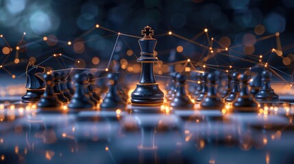 Chess pieces on a board connected by radiant digital threads, showcasing strategic decision-making empowered by big data analytics. Big data visualization