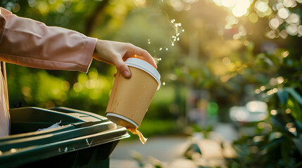 Closeup of a woman hand throwing paper coffee cup into the recycling bin - Powered by Adobe