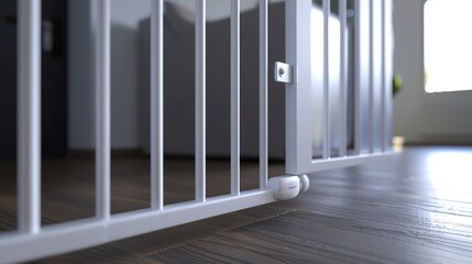 A detailed 3D render of a baby safety gate
