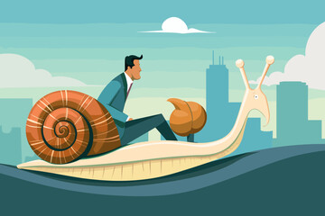 Unproductive Entrepreneurs Riding Snail in Wrong Direction, Symbolizing Slow Business Growth and Inefficient Corporate Management