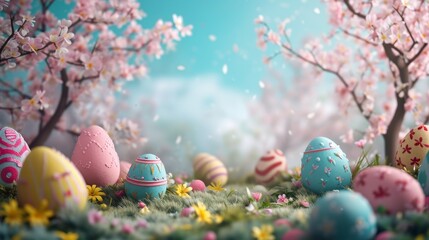 A vibrant spring scene showcasing a variety of painted Easter eggs nestled among lush green grass beneath blooming cherry trees, illuminated by soft sunlight.