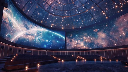 Celestial-themed film fest in observatory with star-lit dome; cosmic films on a large, curved screen.