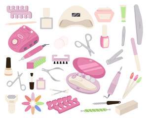 Manicure tools salon accessories and equipment for nails care flat. Cartoon professional hand nail care tools, stylish icons of hand nails polish and pedicure treatment, manicure top view.