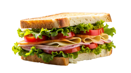 A close-up of a healthy ham and vegetable sandwich on white bread with fresh lettuce and tomato slices