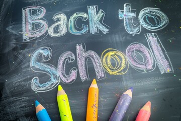 ext "Back to School" written with colorful chalks on the blackboard, front view