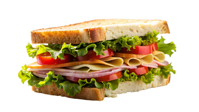 A close-up of a healthy ham and vegetable sandwich on white bread with fresh lettuce and tomato slices - Powered by Adobe