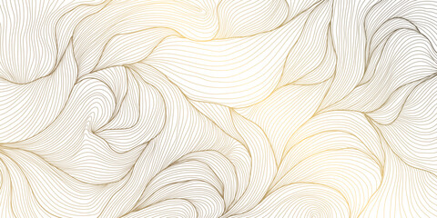 Vector abstract texture luxury background, line wave organic pattern. Elegant shape design, gold on white premium graphics, leaves ornament, glitter template.