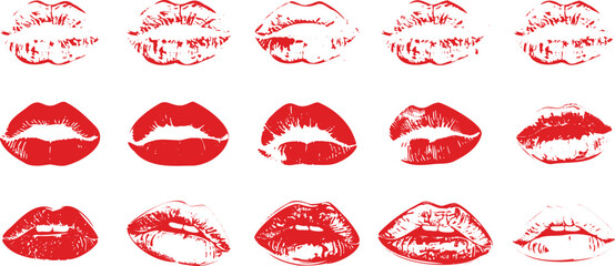 Set imprint kiss lips on transparent background. Realistisch vector kiss in red color. Human lips. Vector EPS 10