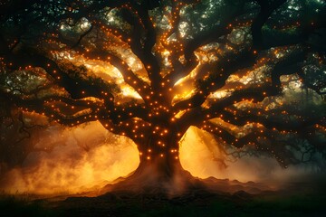 Enchanted Tree with Glowing Lights - Magical Forest Evening Scene for Posters and Prints