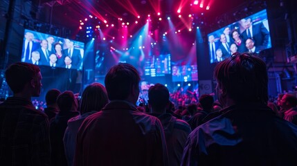 Obraz premium Depict a democratic election night, with results being broadcast on large screens and people eagerly awaiting the outcome, Close up