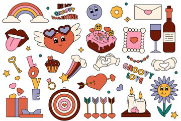 Retro Valentines day sticker. Cartoon groovy romantic elements, holiday hippy characters. 14 of February groovy fun illustrations. Cartoon romantic 60s, 70s vintage Happy Valentine's day stickers