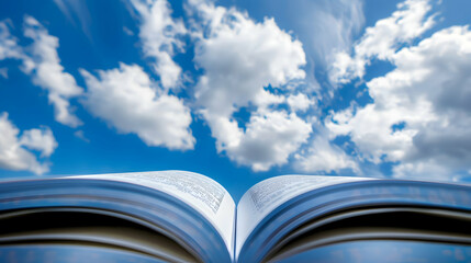 Closeup open book page against blue sky with white clouds