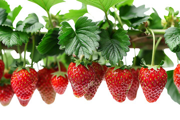 Portrait of fresh and hanging Strawberries isolated on a transparent background