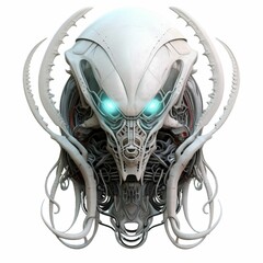 the alien robot face with long horns on a white background