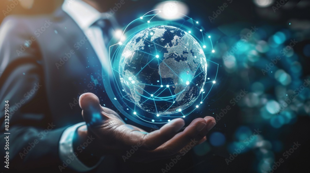Poster a visionary businessman extends his hand to a holographic globe, symbolizing cutting-edge global con