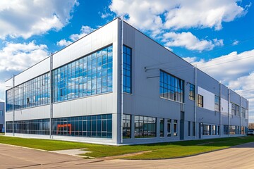 Obraz premium A gray modern warehouse with glass windows and blue sky in the background, located on an industrial park site surrounded by green grass