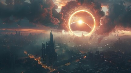 Depict a futuristic cityscape with a wormhole portal in the sky, allowing instant travel to distant planets, Close up